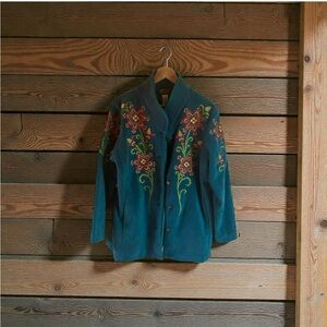 BOB MACKIE Vintage Teal Polar Fleece Floral Embroidered Coat